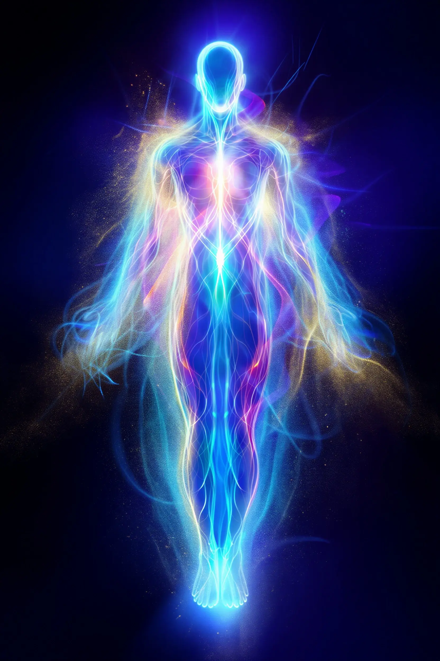 Silhouette of a person with glowing light emanating from their body